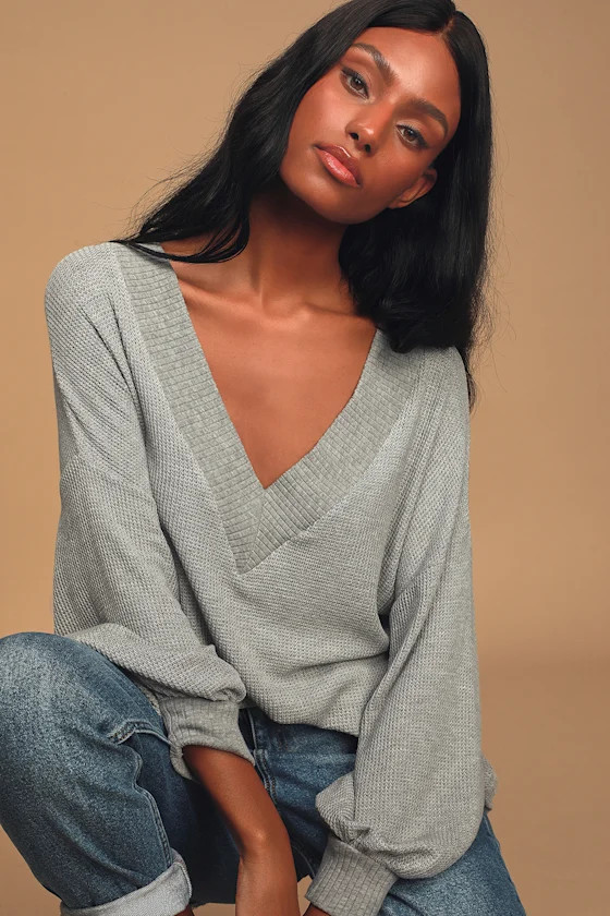 Personal Record Heather Grey Knit Balloon Sleeve Sweater Top | Lulus (US)