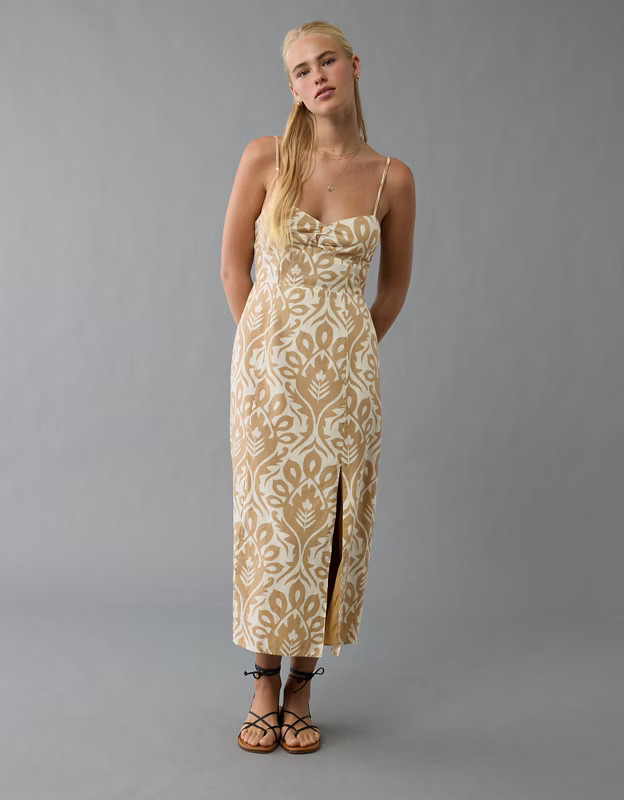 AE Catie Corset Printed Column Midi Dress | American Eagle Outfitters (US & CA)