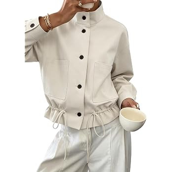 Womens Funnel Neck Jackets Drawstring Ruffle Hem Lightweight Coats | Fall, Spring, Street Outwear... | Amazon (US)