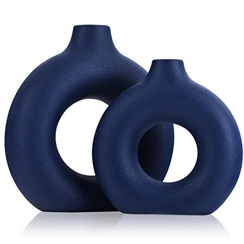 Blue Ceramics Vase for Home Decor -Blue Vase Set of 2 Circular Flowers Vase Modern Navy Blue Decor - Home Decoration for Kitchen Table, Living Room Side Table, Fire Place or Flower Shop | Amazon (US)