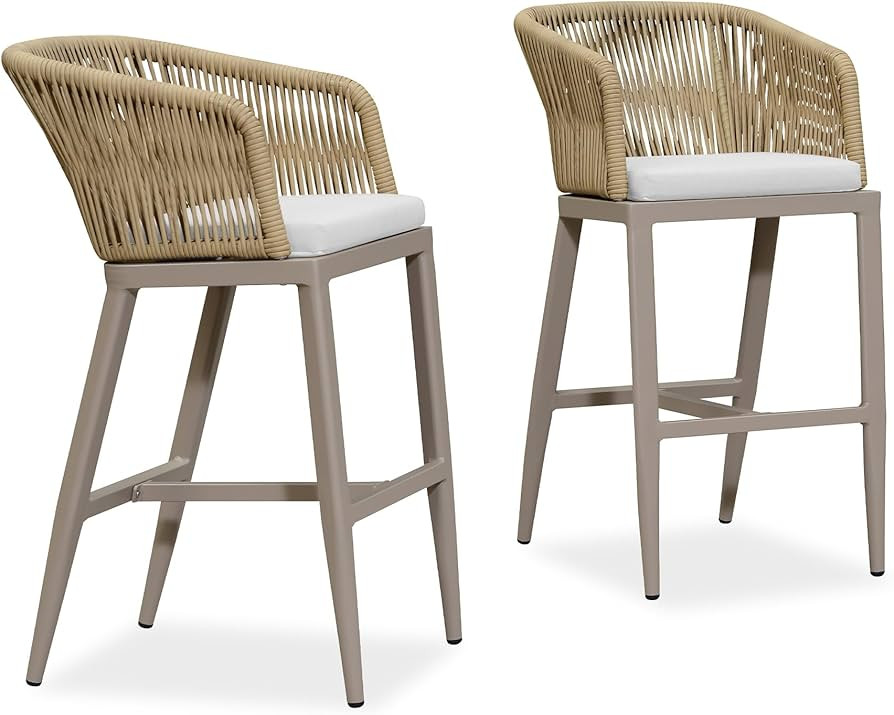 PURPLE LEAF Outdoor Bar Stool Set of 2 Rattan Wicker Patio Stool Bar Height Stool Bar Chairs Alum... | Amazon (US)