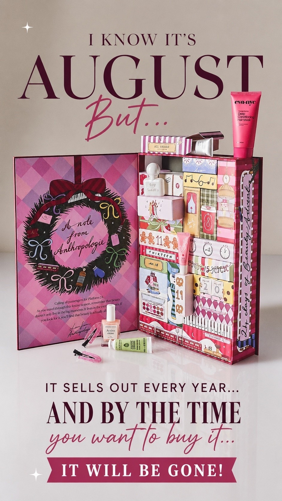 I know it’s only August…but the Anthropologie Beauty Advent Calendar is one of those holiday favorites that sells out FAST every year! 🎄🎁 If this is on your Christmas wishlist, don’t wait until the holiday season to grab it. Filled with 24 days of beauty favorites, it’s such a fun gift for beauty lovers—or a little holiday treat for yourself.

Anthropologie Advent Calendar • Beauty Advent Calendar 2026 • Christmas Gift Ideas for Her • Holiday Beauty Gifts • Luxury Advent Calendar • Beauty Gifts for Women • Christmas 2026