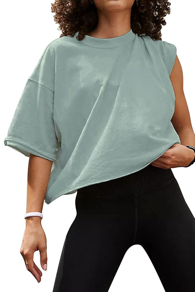 Women's Oversize Workout Crop Tops Casual Short Sleeve Drop Shoulder Boxy T-Shirts Roll Hem Basic... | Amazon (US)