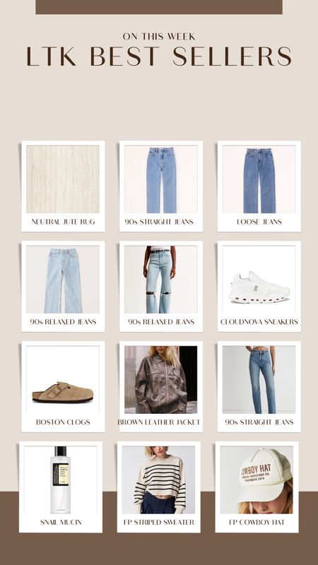 Top sellers from this past week! 

Neutral jute rug, jute area rug, area rug, organic modern area rug, Abercrombie style, Abercrombie jeans, loose jeans, baggy jeans, on cloud sneakers, white sneakers, cloudnova sneakers, Boston clogs, Birkenstock Boston clogs, brown leather jacket, vintage leather jacket, madewell jeans, snail mucin, striped sweater, fall sweaters, winter sweaters, cowboy hat trucker hat, trucker hat