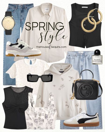 Shop these Abercrombie spring outfit finds! Baggy jeans, striped shirt, cropped vest, hoodie sweatshirt, New Balance 550, Puma Palermo sneakers, Gucci bag and more! 

#LTKstyletip #LTKSeasonal #LTKmidsize