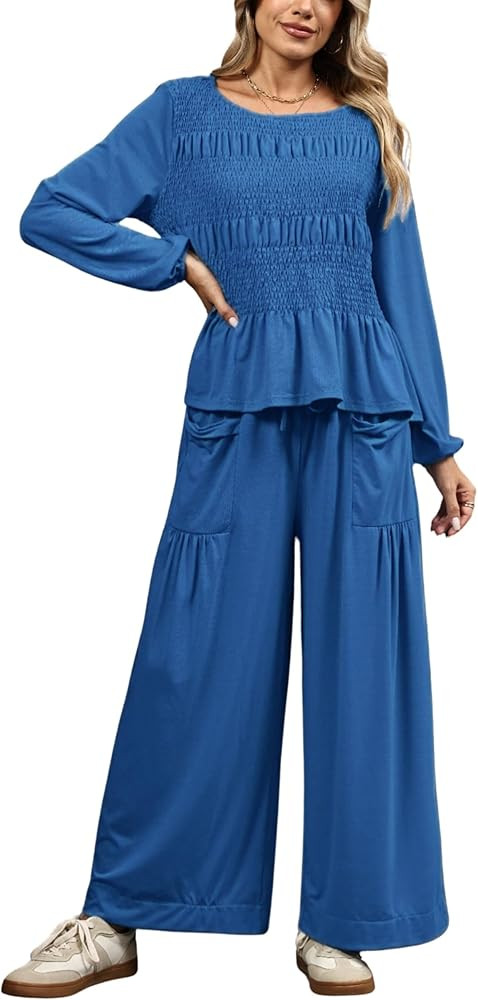Womens 2-Piece Boho Long Sleeve Smocked Top & Wide Leg Pants Set Casual Lounge Outfit with Pocket... | Amazon (US)