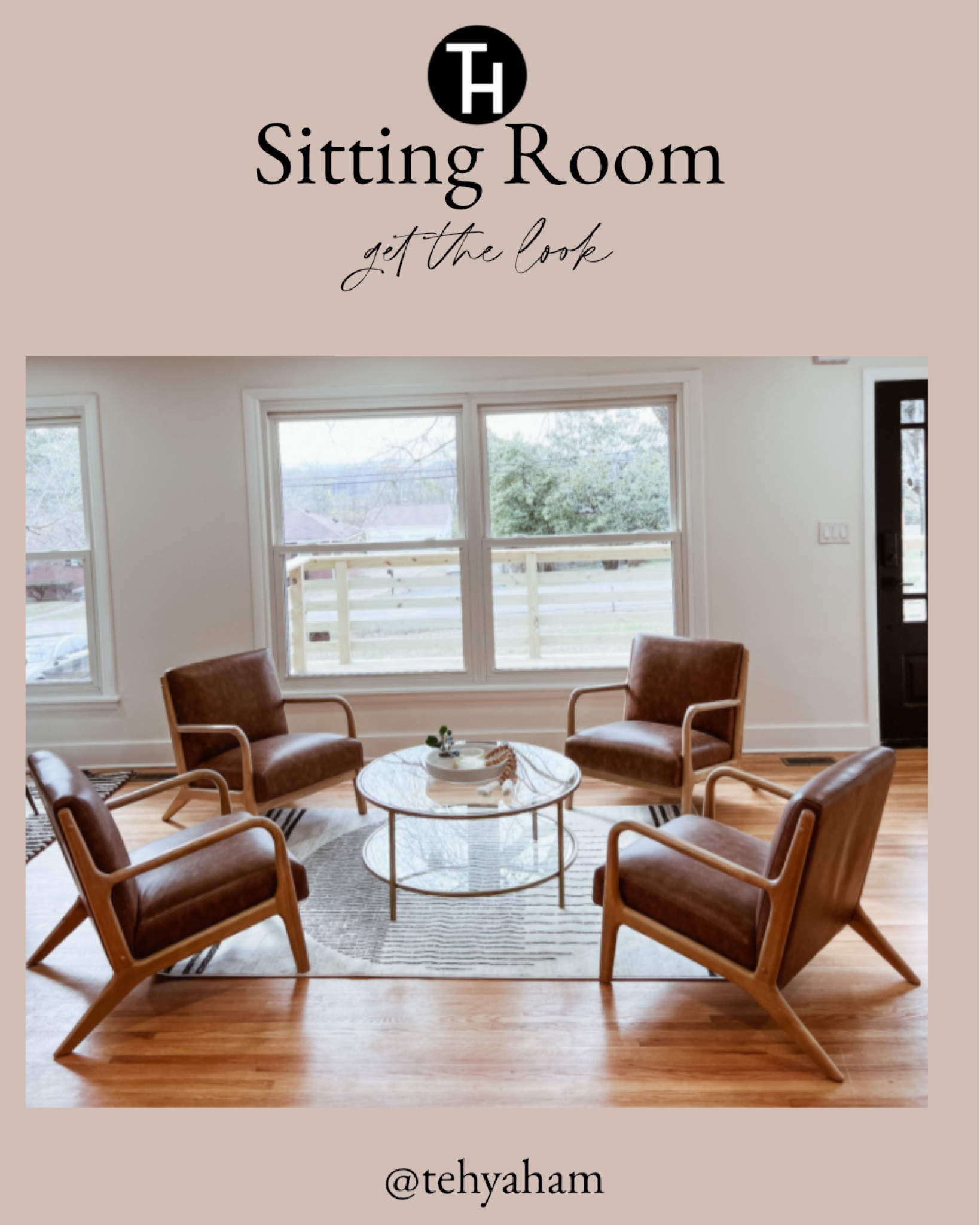 Look at this adorable sitting room! 

Brown leather chairs 
Gold and glass coffee table
Abstract circle 5x7 rug 
Table decor 

#LTKSeasonal #LTKhome #LTKFind