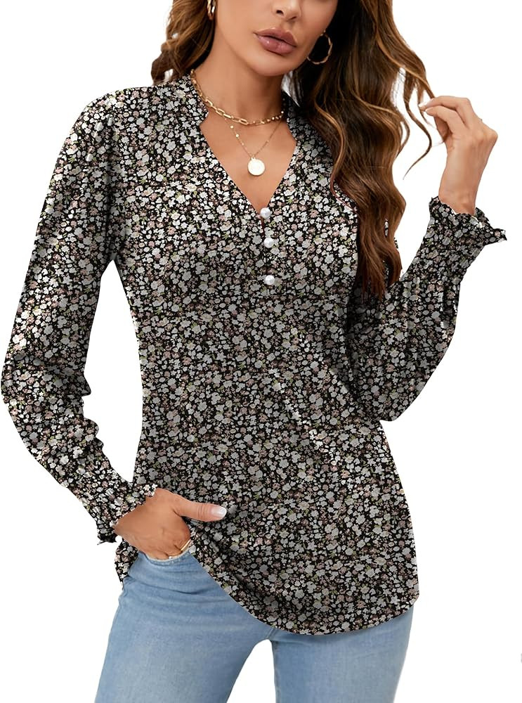 Womens V Neck Puff Long Sleeve Button Down Tunic Blouses Fall Tops 2023 Ruffle Cuffs Dressy Casua... | Amazon (US)