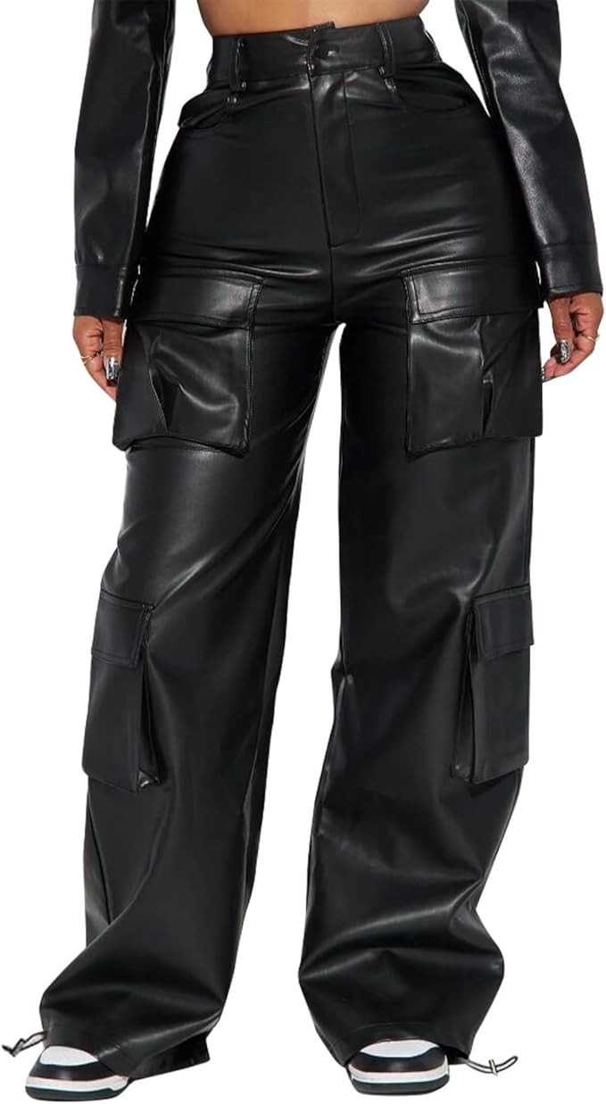 Women's Faux Leather Cargo Pants High Waisted Y2K Relaxed Pants with Pockets | Amazon (US)