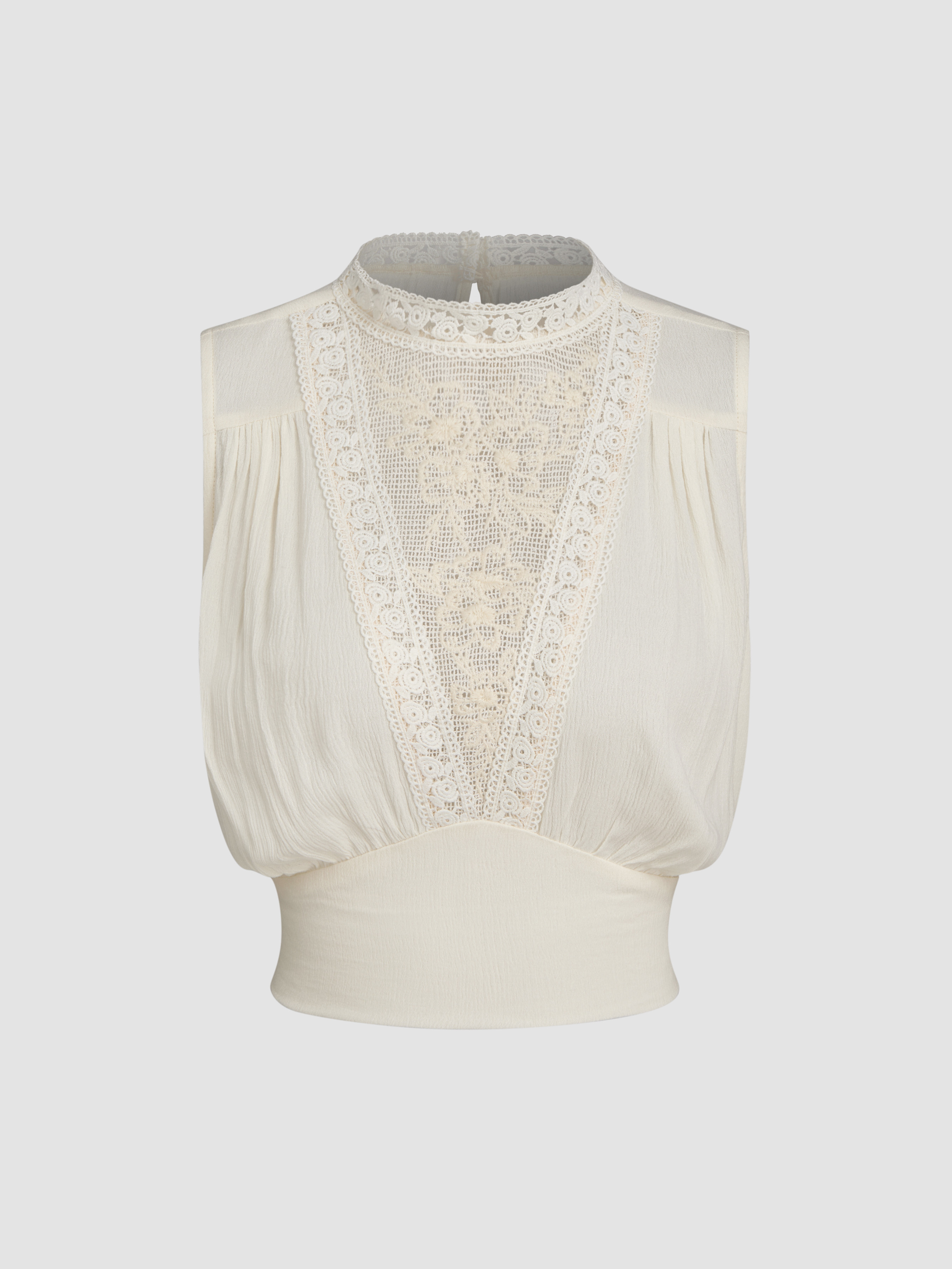 Woven Stand Collar Lace Embroidery Crop Tank Top For Daily Casual | Cider