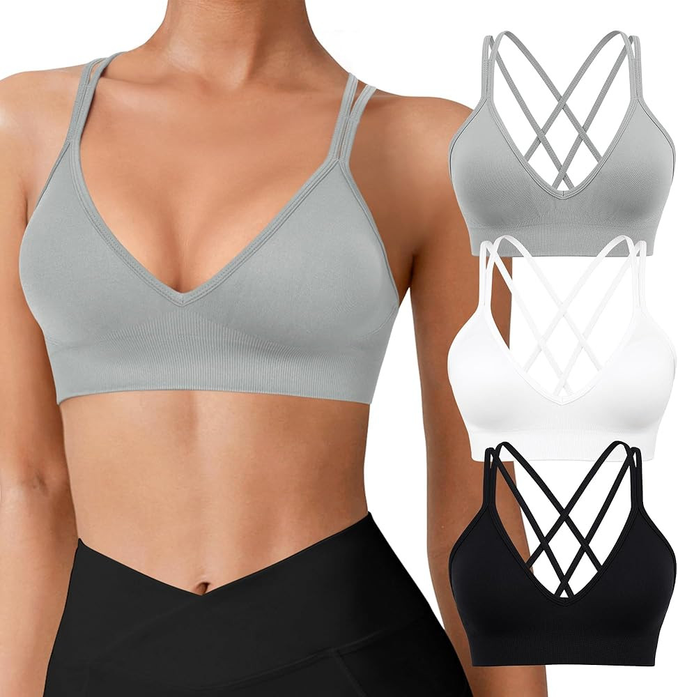 VEQING Seamless V-Neck Women Sports Bras, Padded Cross Back Wireless Low Impact Workout Yoga Bras... | Amazon (US)