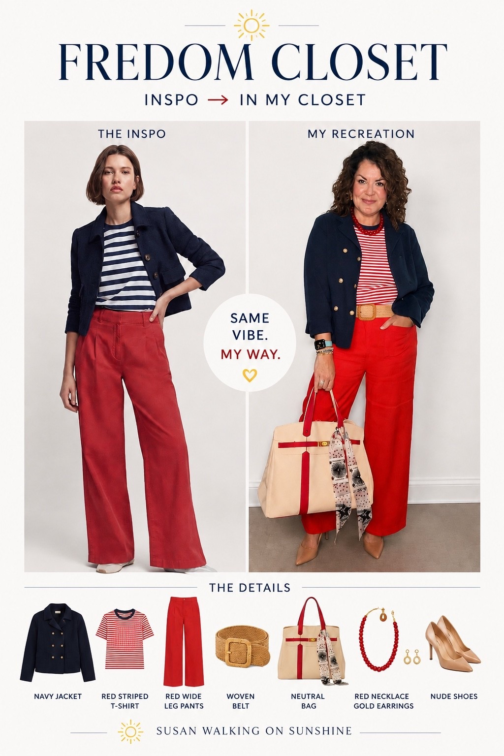 FREEDOM CLOSET ☀️ | Same vibe, my way.

Another outfit recreated entirely from my own closet! I loved the nautical feel of this inspiration look, but I didn’t own the exact pieces—so I used what I did have: red wide-leg pants, a striped tee, navy jacket, woven belt and accessories.

That’s what my Freedom Closet challenge is all about this month: no new clothes, just finding new ways to wear what I already own.

I linked the pieces I’m wearing that are still available, along with similar options if you want to recreate the look from your closet too. ❤️⚓️

Inspiration doesn’t always have to mean a shopping trip.

#LTKootd #LTKWorkwear #LTKOver40