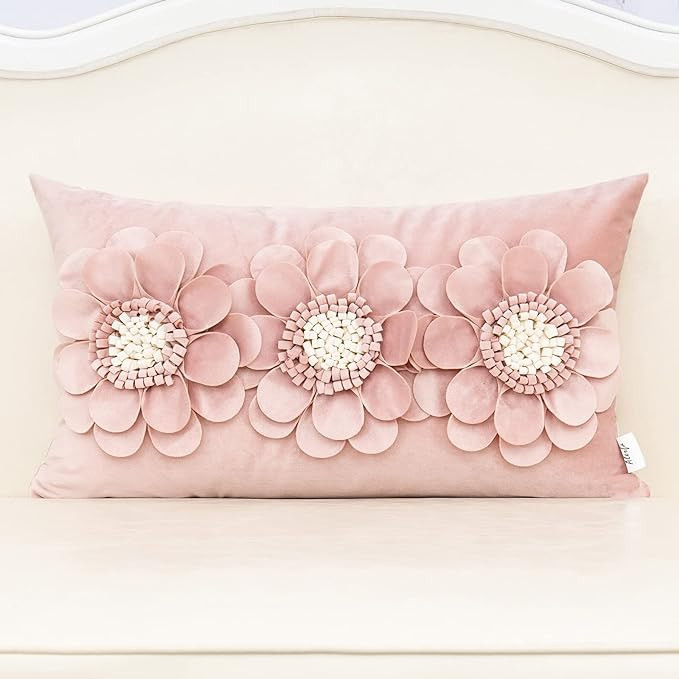 Alerfa 3D Flower Handmade Throw Pillow Cover Decorative Pink Velvet Pillowcase Cushion Cover with... | Amazon (US)
