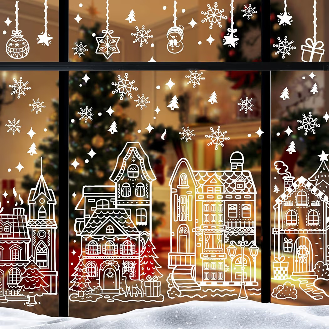 AhfuLife Large Christmas Window Clings Decorations, 27 x 15 in, 4 Sheets Double Side Xmas Snowfla... | Amazon (US)