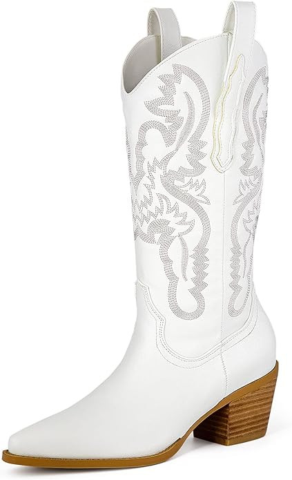 Women's Cowgirl Embroidered Mid-Calf Western Boots, Pointed Toe Medium Block Chunky Heel 6cm Stit... | Amazon (US)