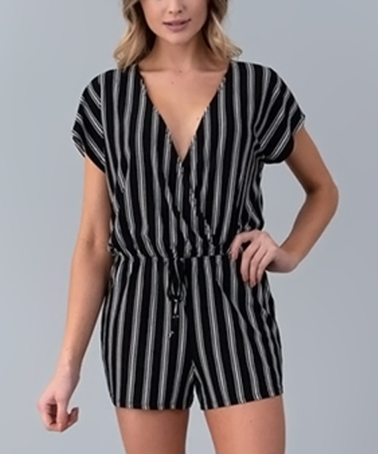 Jane Women's Rompers Black - Black Stripe V-Neck Romper - Women | Zulily