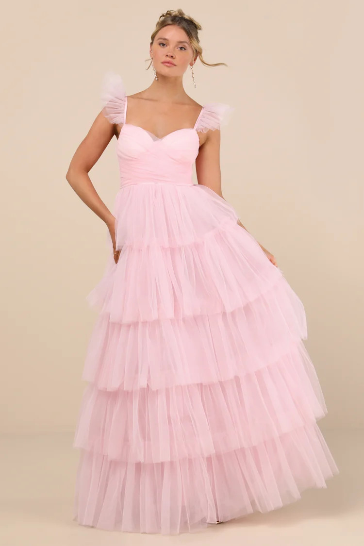 Fabulous Poise Light Pink Tulle Ruffled Tiered Maxi Dress | Lulus