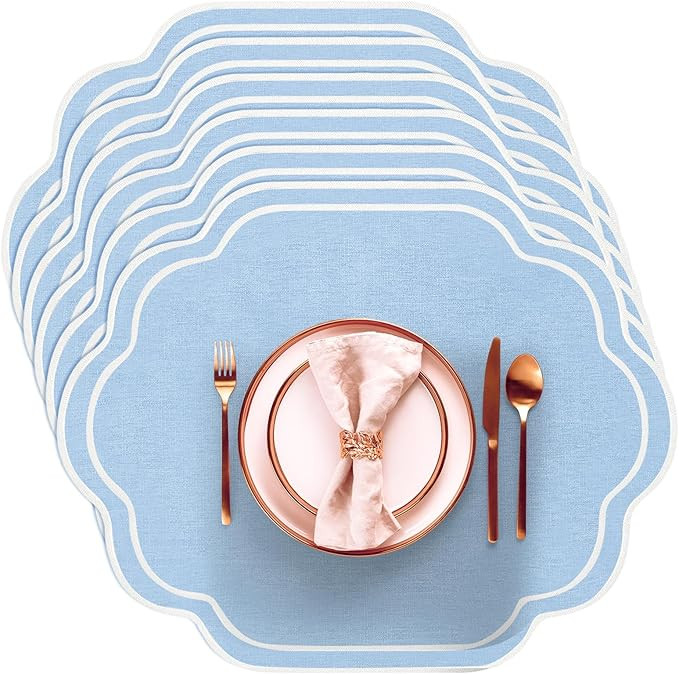 Breling Set of 6 Wedding Placemats Scalloped Embroidered Cotton Linen Placemats 17" x 13" Double ... | Amazon (US)