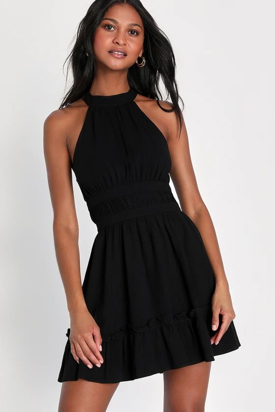 Roman Reverie Black Linen Ruffled Halter Mini Dress | Lulus (US)