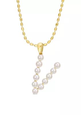 Belk & Co. 3.5-4mm Freshwater Cultured Pearl "V" Initial Pendant with Chain in Yellow Plated Ster... | Belk