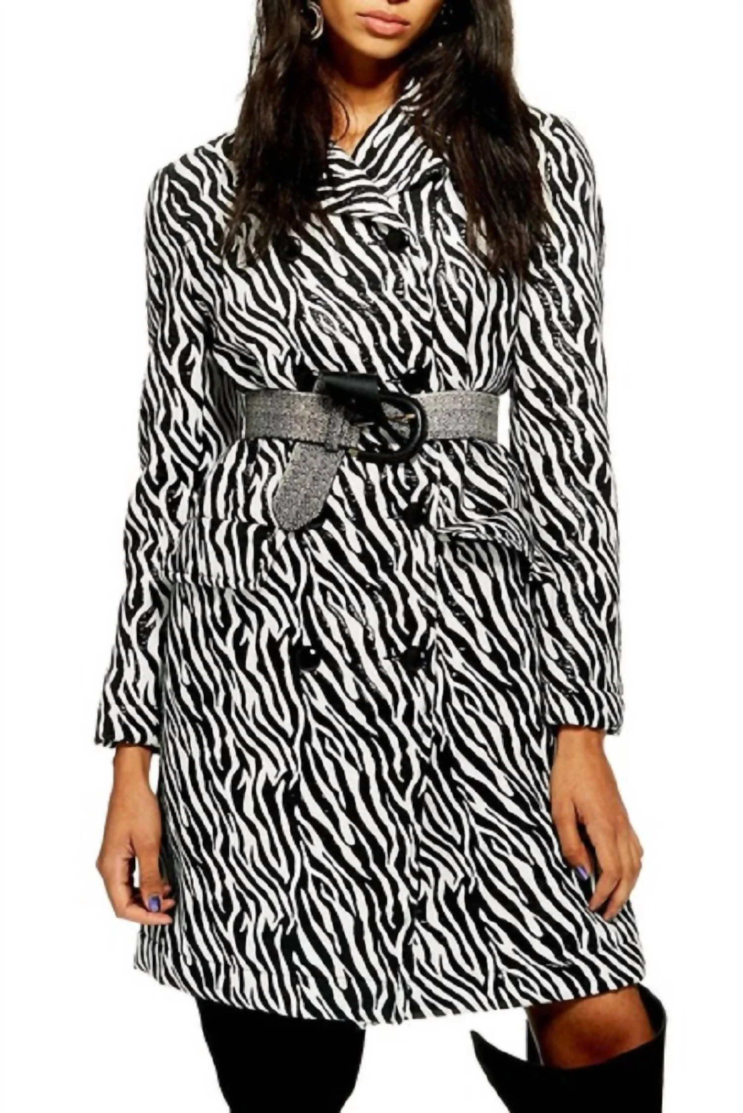 Zebra Print Double Breasted Shimmer Coat In Black/white | Shop Simon