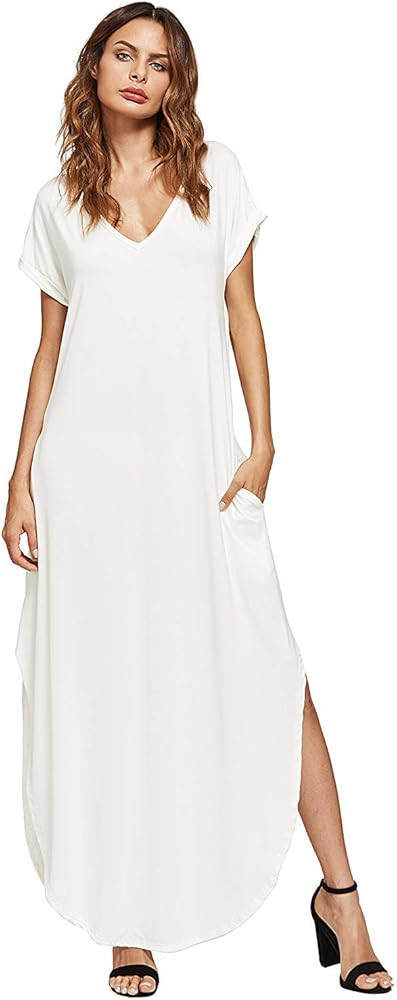 Women's V Neck Side Pockets Split Hem Beach Long Maxi Dress | Amazon (US)