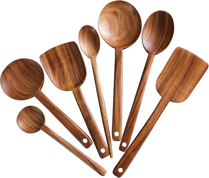 Amazon.com: 7pcs Long Handle Wooden Cooking Utensil Set Non-stick Pan Kitchen Tool,NAYAHOSE Woode... | Amazon (US)