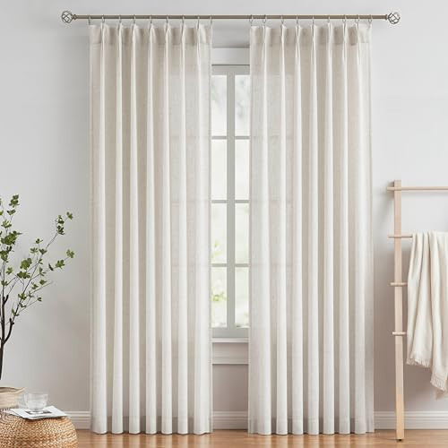 Vision Home Natural Pinch Pleated Semi Sheer Curtains Textured Linen Blended Light Filtering Window Curtains 102 inch for Living Room Bedroom Pinch Pleat Drapes with Hooks 2 Panels 42" Wx102 L | Amazon (US)