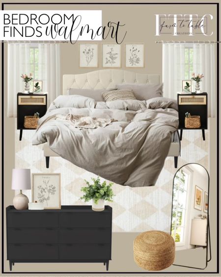Walmart Bedroom Finds. Follow @farmtotablecreations on Instagram for more inspiration.

My Texas House Bronwyn Beige Geometric Area Rug. HMD Mason Queen Tufted Upholstered Platform Bed. Moomee Bedding Duvet Cover Set 100% Washed Cotton Linen like Textured Breathable Durable Soft Comfy (Comforter Not Included) Tannish Linen Grey, Queen. Stylehouse 100% Cotton Natural Jute Pouf. My Texas House Emerson Linen Stripe Light Filtering Tie Top Curtain Panel Pair. Clikuutory STORAGE CABINET with 1 Drawer and Open Shelf, Mid-Century Modern Wooden Nightstand, Black. BEAUTYPEAK 64"x21" Full Length Standing Arch-Top Floor Mirror with Safe Corners, Black. Walker Edison 55” Mid-Century Modern Gallery Top Solid Wood 6-Drawer Dresser, Black. Mainstays Mini Ball Table Lamp, 12.75" H. PixonSign Framed Wall Art, Vintage Wildflower Prints, Set of 4. Mainstays 8" Artificial Green Eucalyptus Plant in Two-Tone Glazed Ceramic Planter. Better Homes & Gardens 2.5" x 6.18" Ribbed off-White/Cream Ceramic Decorative Container. Walmart Flash Deals. Walmart Best Sellers. Budget Friendly Bedroom Finds. 

#LTKFindsUnder50 #LTKSaleAlert #LTKHome