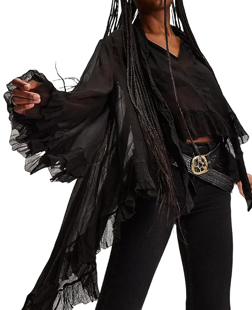 Seyumixi Women Long Bell Sleeve Frill Top See Through Sheer Mesh Blouse High Low Hem Ruffled Sexy... | Amazon (US)