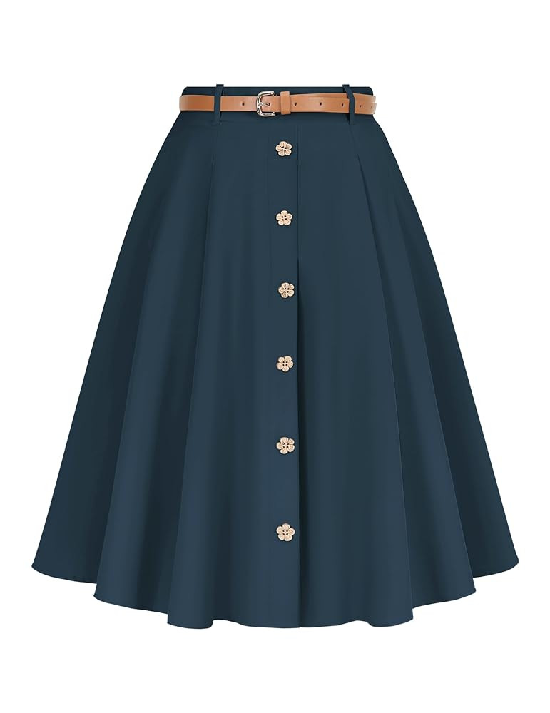 Wedtrend Women's Vintage Skirts A-Line Midi Skirt Button Work Flowy Skirts Pleated Skirt with Bel... | Amazon (US)