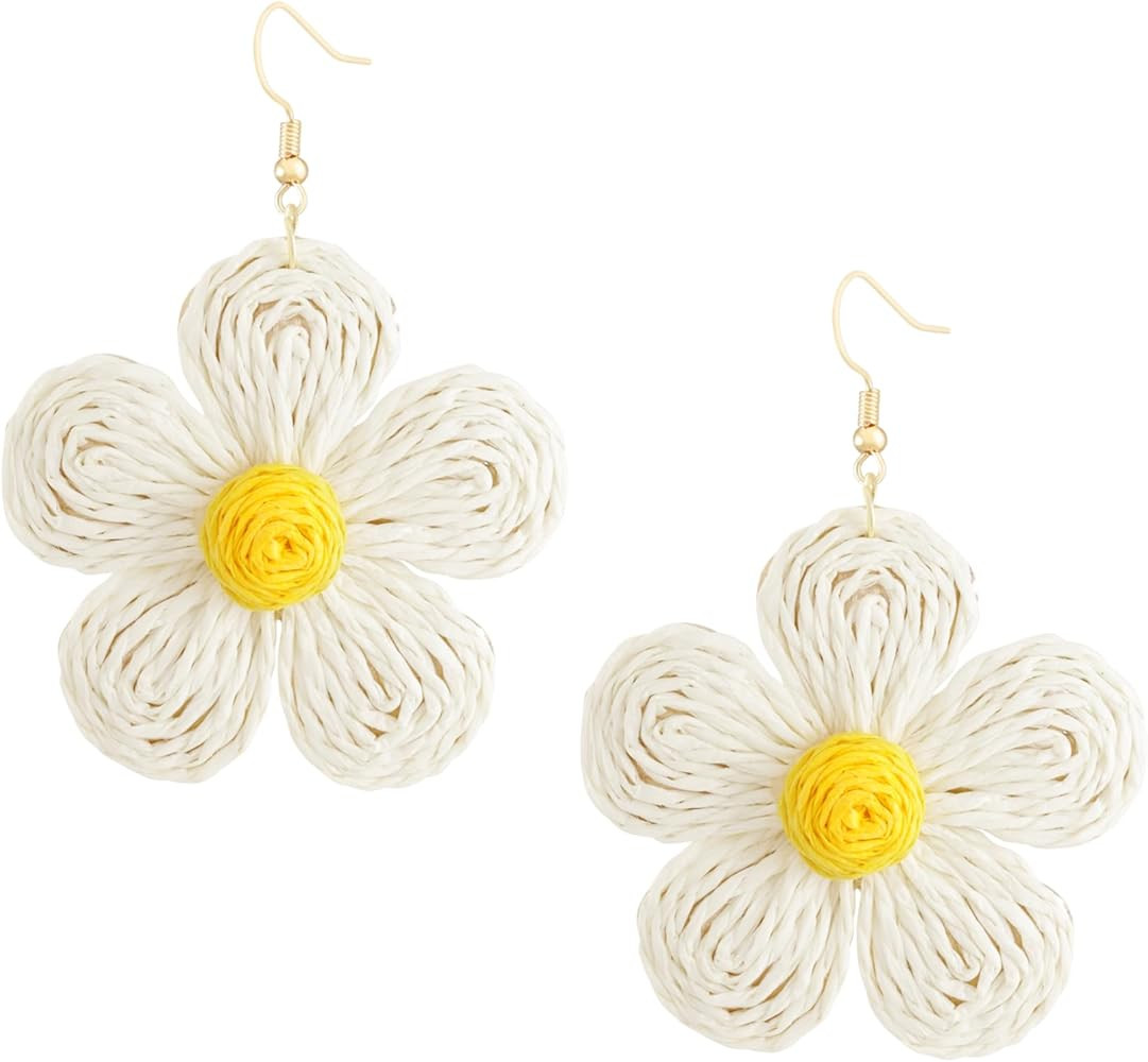 MINACHI Boho Rattan Flower Floral Dangle Drop Earrings, Handmade Bohemian Hippie Statement Jewelr... | Amazon (US)
