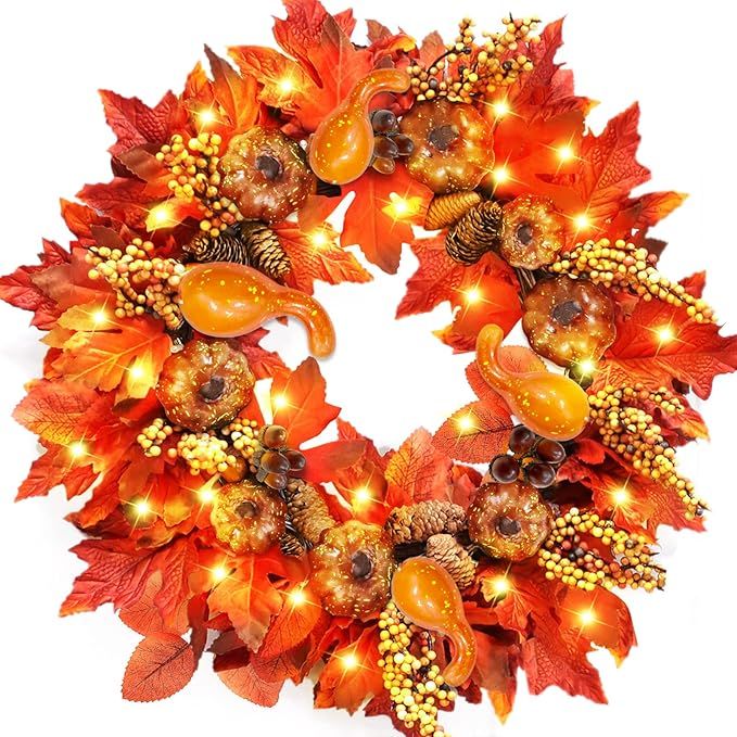 20 Inch 30 LED Prelit Fall Front Door Wreath Decorations Timer 3 Styles 97 Thick Maple Leaves 12 ... | Amazon (US)