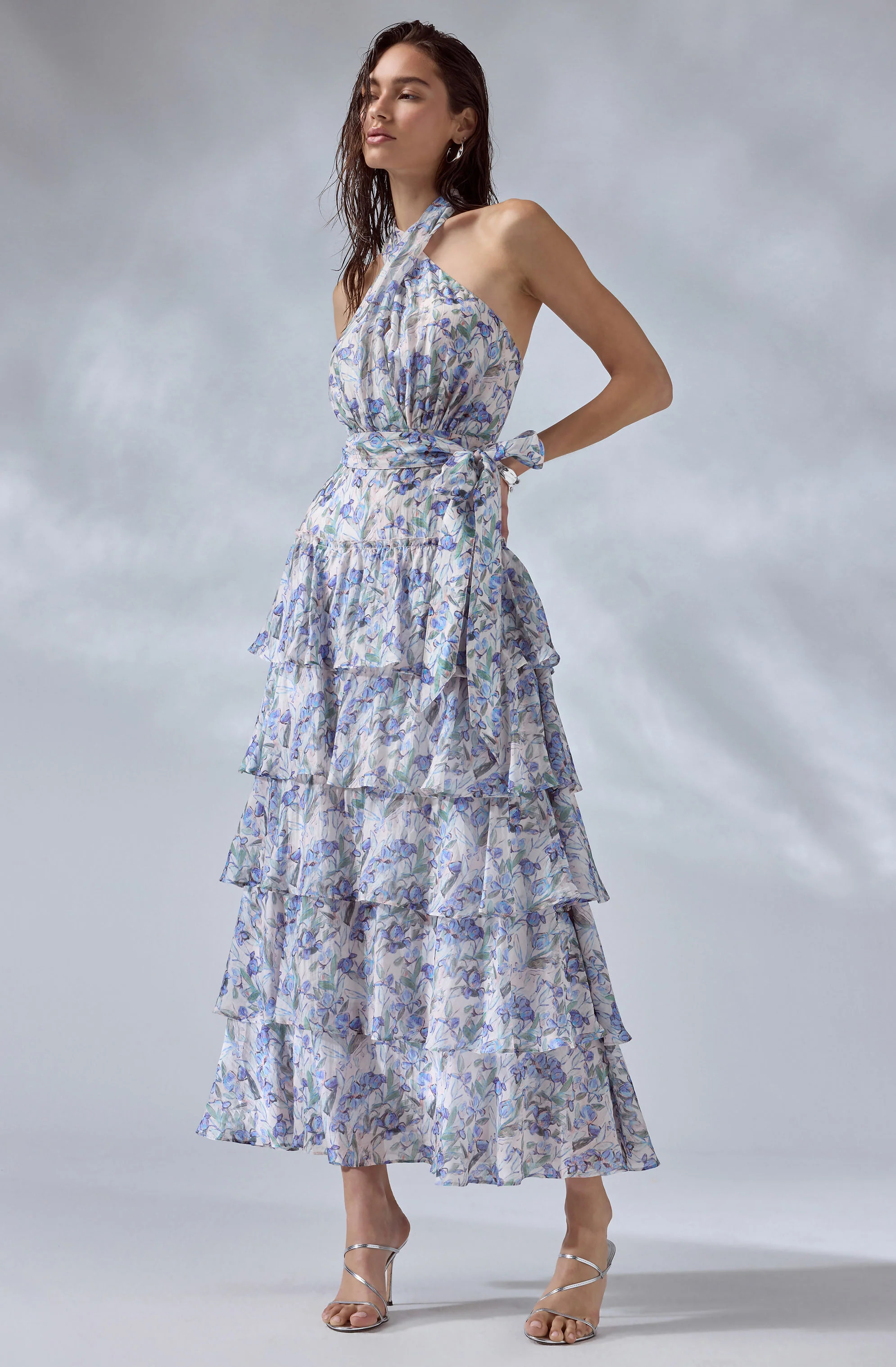 Adamaris Floral Ruffle Halter Maxi Dress - Blue floral / XS | ASTR The Label (US)