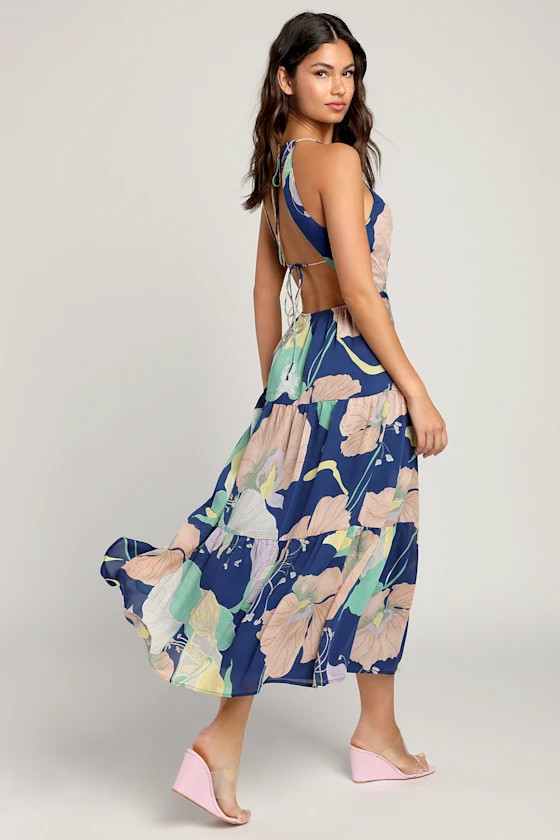 Hours of Flowers Blue Multi Floral Lace-Up Tiered Midi Dress | Lulus
