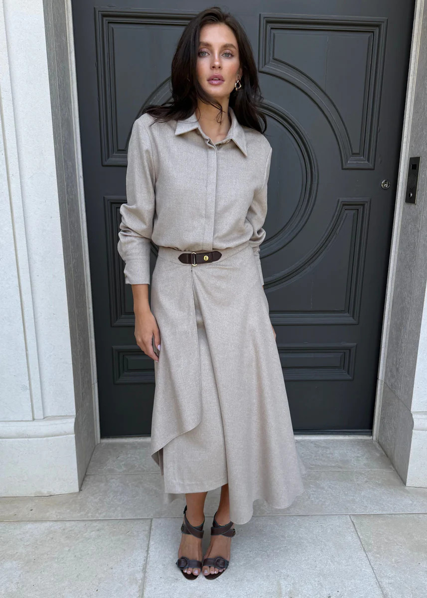 Alessia Soft Asymmetrical Midi Skirt with Buckle Detail | Benaar La