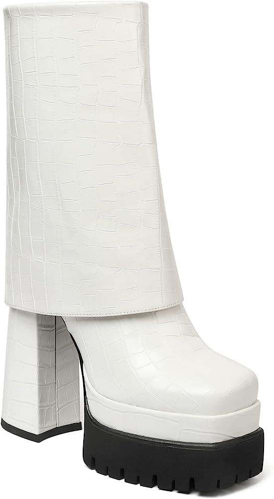 Eldof Women's Platform Boots Chunky High Heels Booties Square Toe Side Zipper Boots | Amazon (US)
