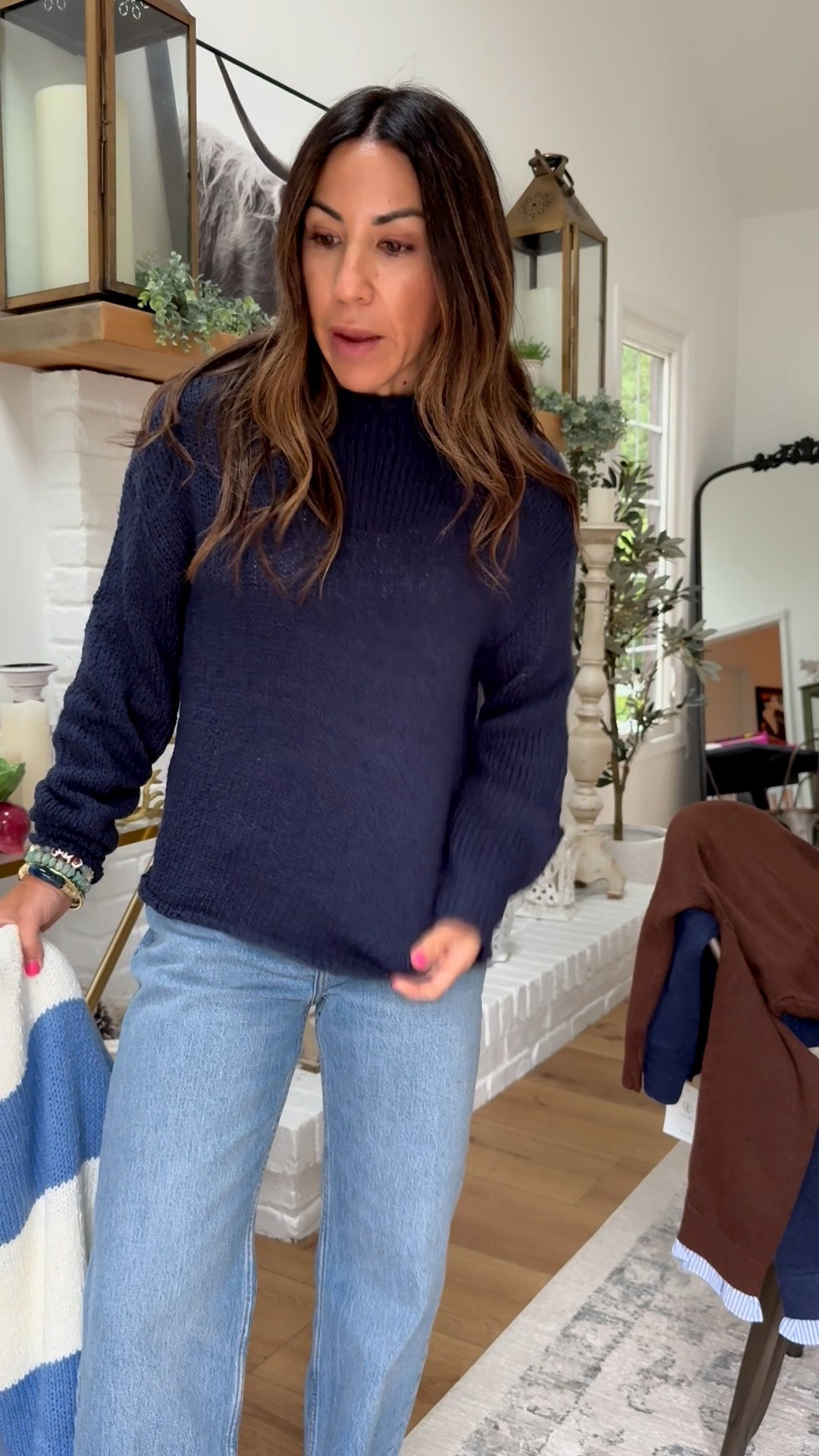 Navy blue sweater small. Jeans 26 x short with

#LTKOver40 #LTKSaleAlert #LTKPetite
