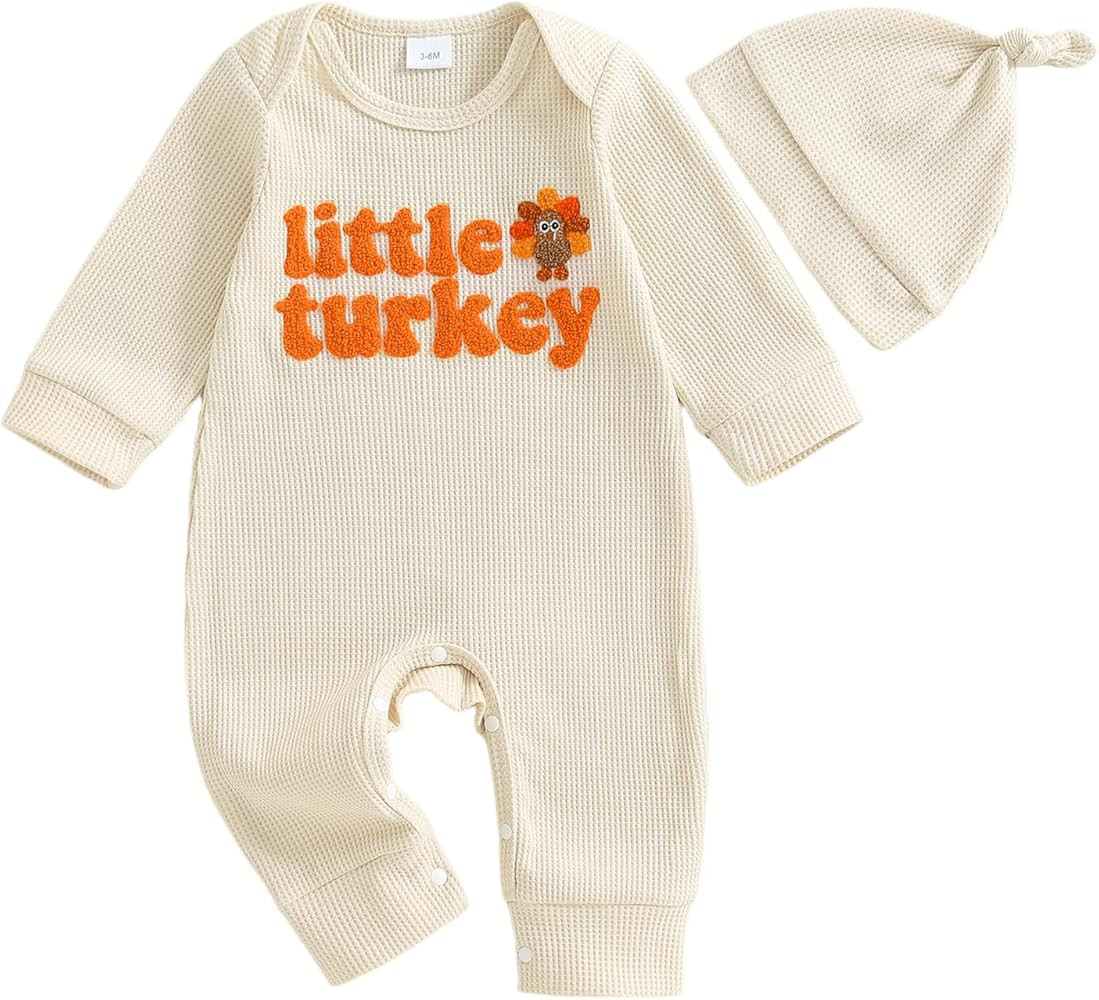 Newborn Baby Boy Thanksgiving Outfit Little Turkey Embroidery Romper Waffle Knit Long Sleeve Jump... | Amazon (US)
