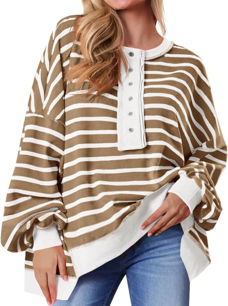 Tankaneo Womens Oversized Striped Sweatshirts Henley Shirts Color Block Casual Pullover Waffle Kn... | Amazon (US)