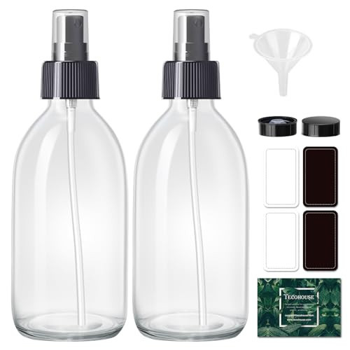 Tecohouse 2 Pack Glass Spray Bottles, 250ml Small Glass Bottles for Cleaning Solutions, Spray Bottles for Essential Oils, Plants, with Durable Nozzle, Labels, Funnel - Clear | Amazon (US)