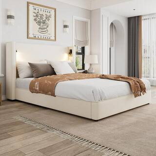 Arbor Queen Size Upholstered Platform Bed with Wingback Headboard, Reading Lamp, USB Port, Beige | The Home Depot