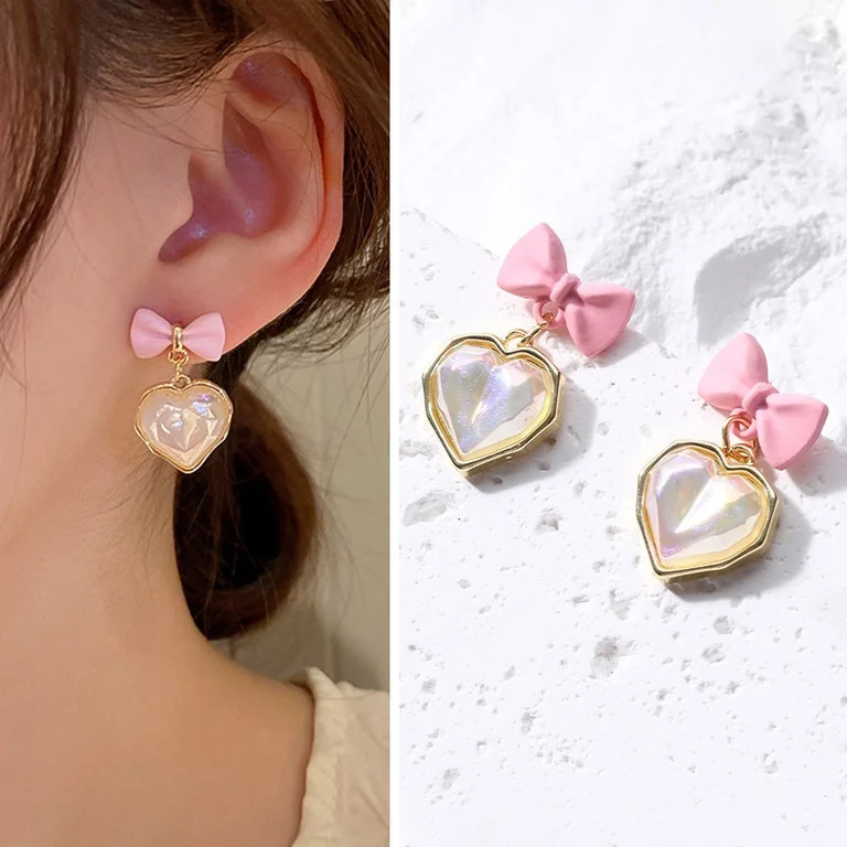 Eosunjian 1 Pair Stud Earrings Pink Bowknot Love Heart Sweet Elegant Luxury High Shine Faux Pearl... | Walmart (US)