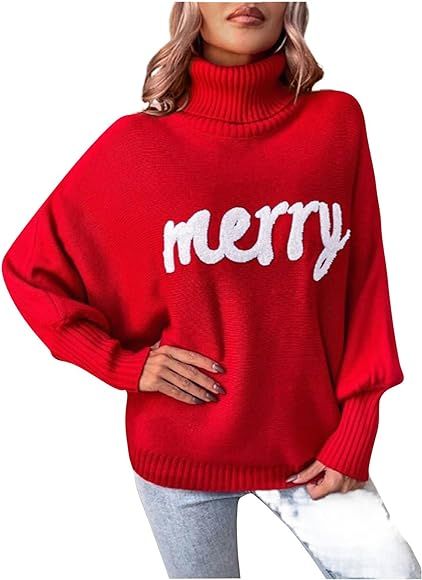 Numaller Christmas Sweaters For Women,Turtle Neck Merry Christmas Sweatshirt Red Batwing Sleeve O... | Amazon (US)