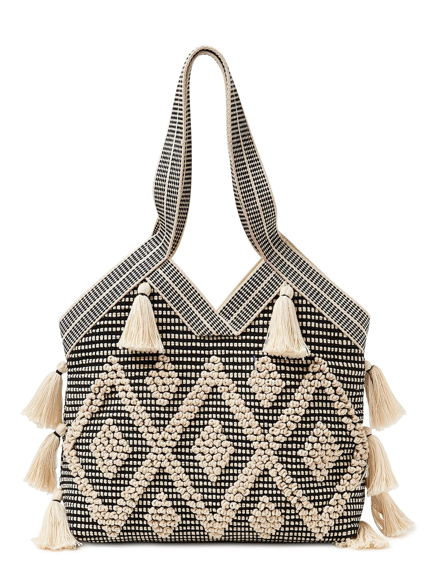 Twig & Arrow Women's Adult Woven Tassel Shoulder Handbag Natural Black - Walmart.com | Walmart (US)