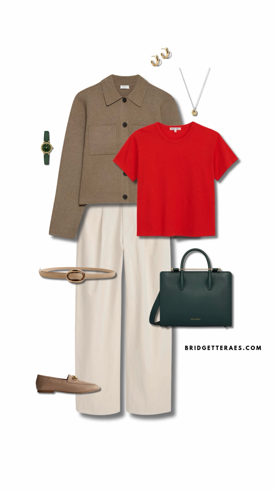 The vibrant red top adds energy and confidence, while the structured camel jacket softens and refines the palette. Cream trousers keep the silhouette clean and elevated, creating a light, balanced foundation. Rich green accessories introduce depth and a subtle contrast that feels intentional and sophisticated, while classic loafers keep the outfit practical and work-ready. Finished with simple gold jewelry, this look feels confident, approachable, and effortlessly put together.

#LTKOver40 #LTKWorkwear #LTKootd