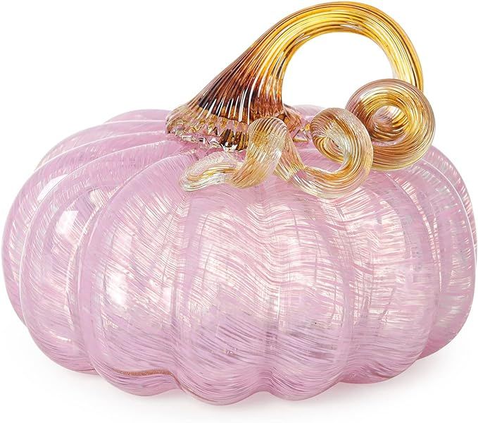 LONGWIN Hand Blown Glass Pink Pumpkin Figurines - 5.2 x 3.7 Inch Crystal Fake Pumpkin Home Decor ... | Amazon (US)