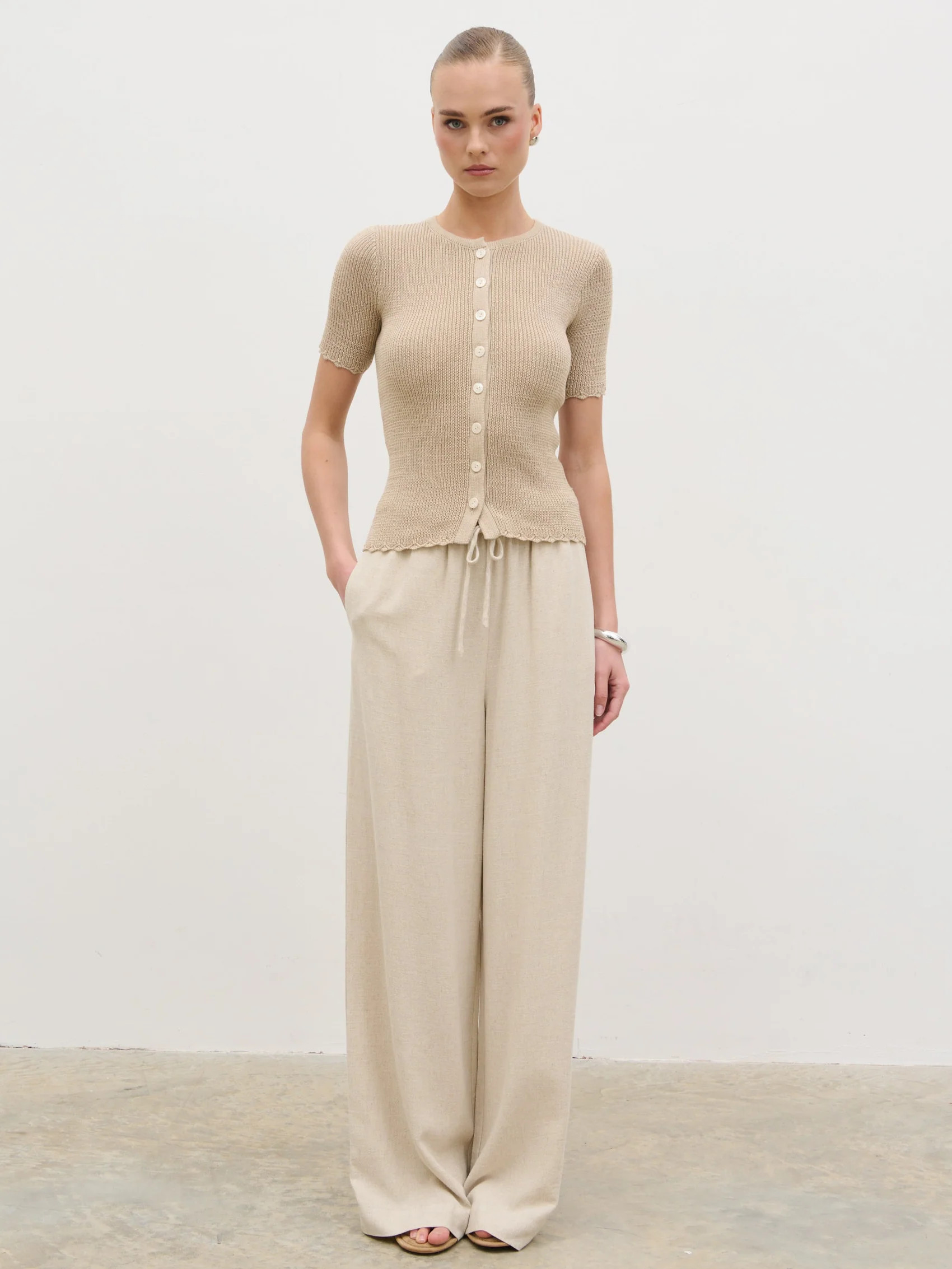 Louna Scallop Detail Cream Knit Button Top - Beige | Pretty Lavish (UK)