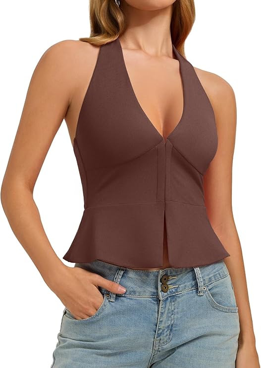 REORIA Women's Halter Front Open Tops Backless Sleeveless Slit Crop Tank Vest Y2K Going Out Club ... | Amazon (US)