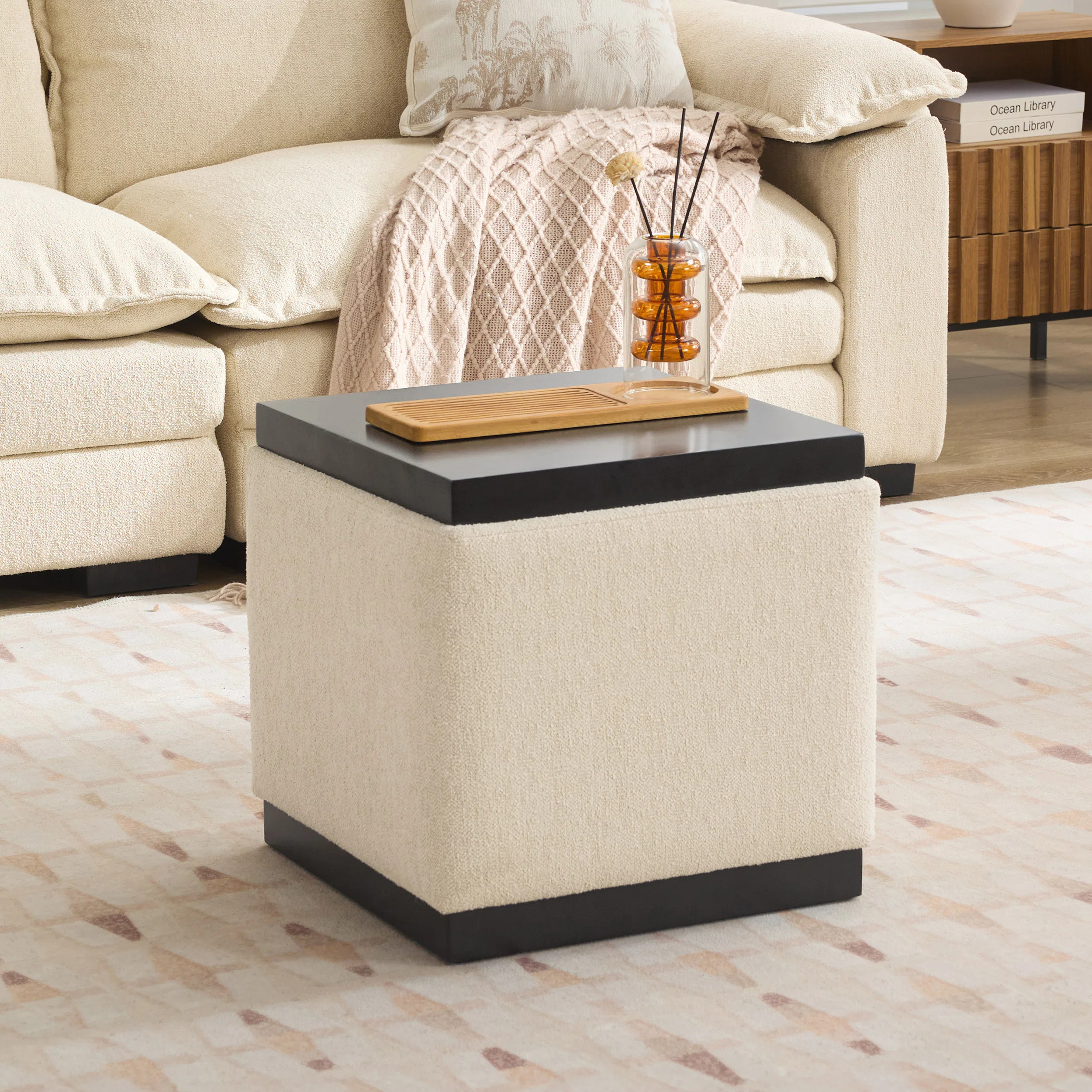 Square Storage Ottoman Coffee Table Ottoman With Wooden Tray | Wayfair North America